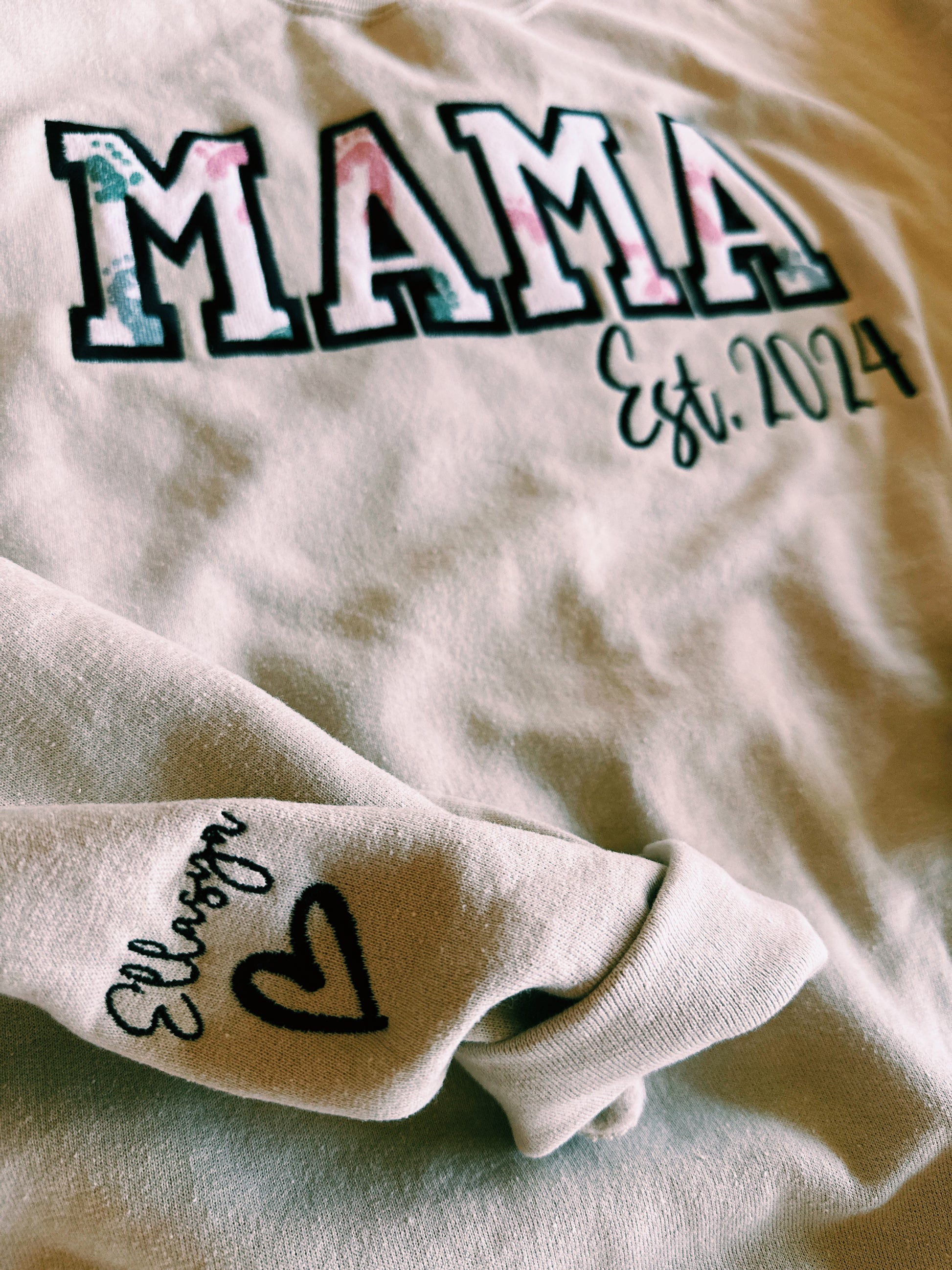Hospital Baby Feet Appliqué Mama Sweatshirt in Sand includes Baby Name in Sleeve with a Heart