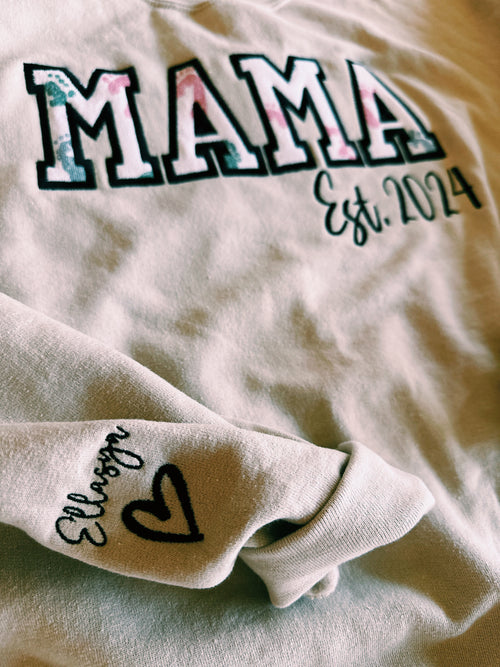 Hospital Baby Feet Appliqué Mama Sweatshirt in Sand includes Baby Name in Sleeve with a Heart