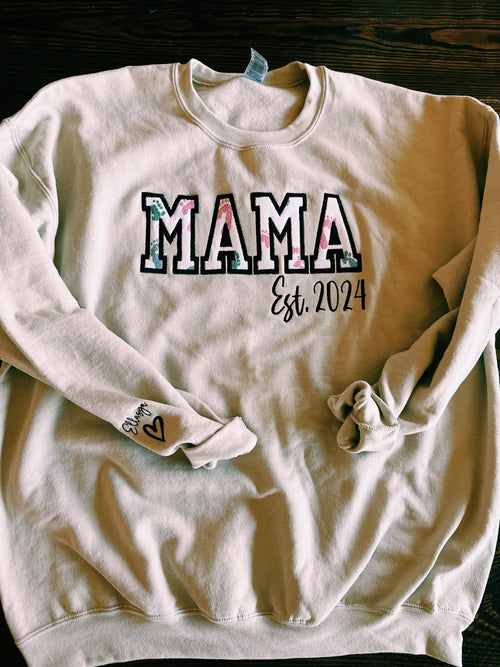 Hospital Baby Feet Appliqué Mama Sweatshirt in Sand includes Baby Name in Sleeve with a Heart