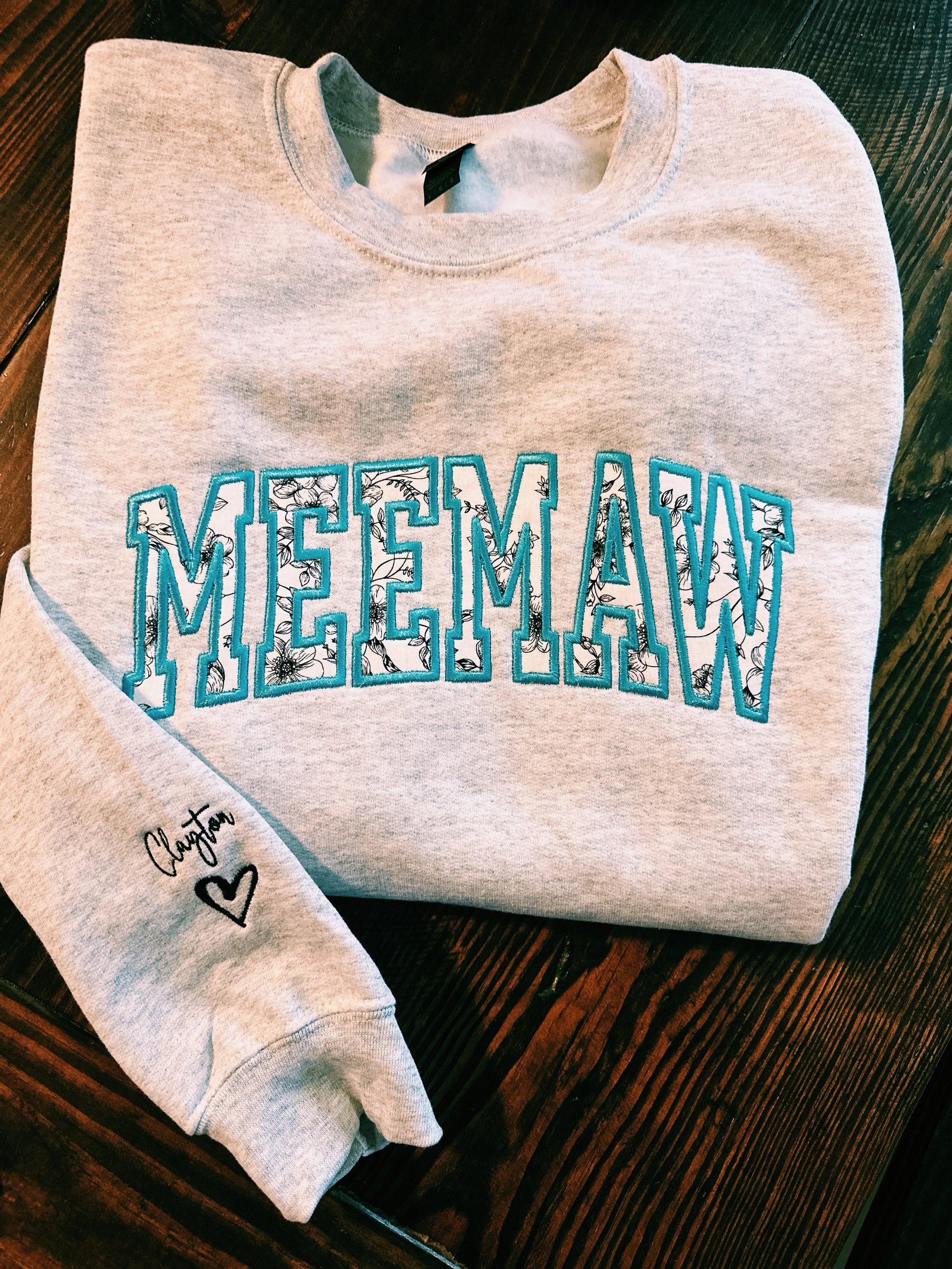 Meemaw Sweatshirt in Black & White Floral Appliqué Design